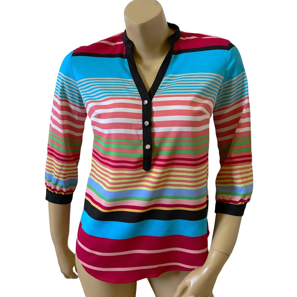 New York & Company XS Striped 3/4 Sleeve V-Neck Popover Blouse